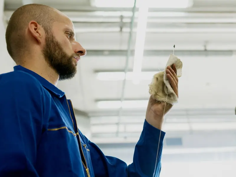 Technician holding up an engine dipstick to check the oil level